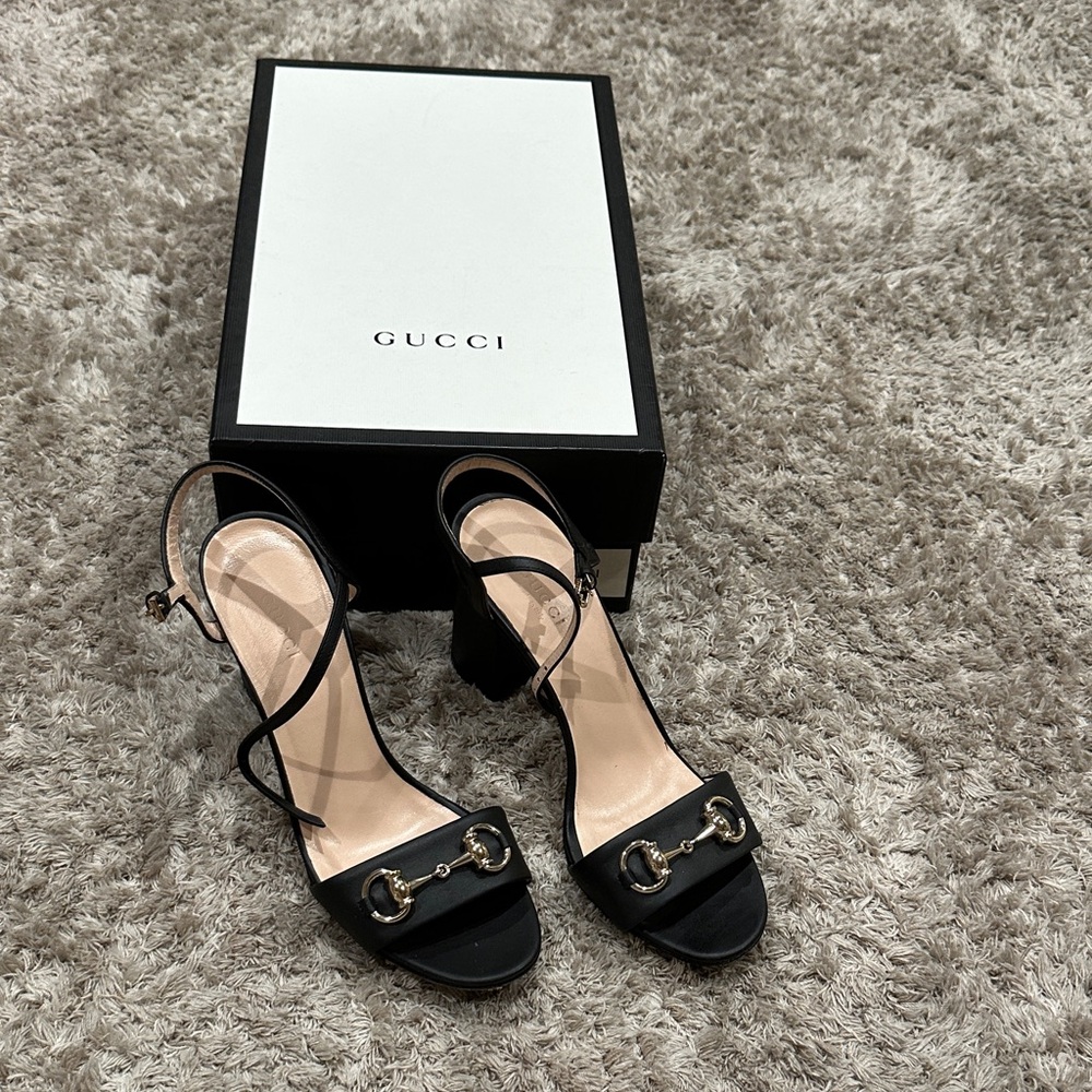Gucci Black Heeled Sandals with Gold Accents